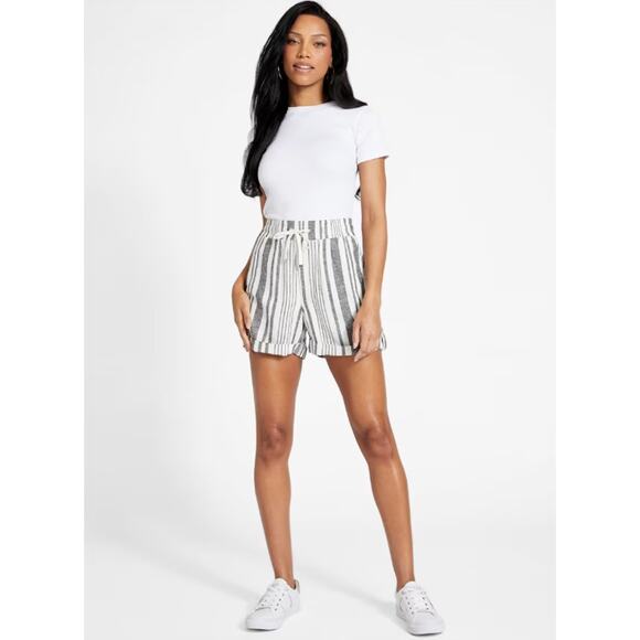 GUESS Charlotte Striped Linen Shorts - Womens Medium - White / Grey / Black-NWT - Picture 8 of 8